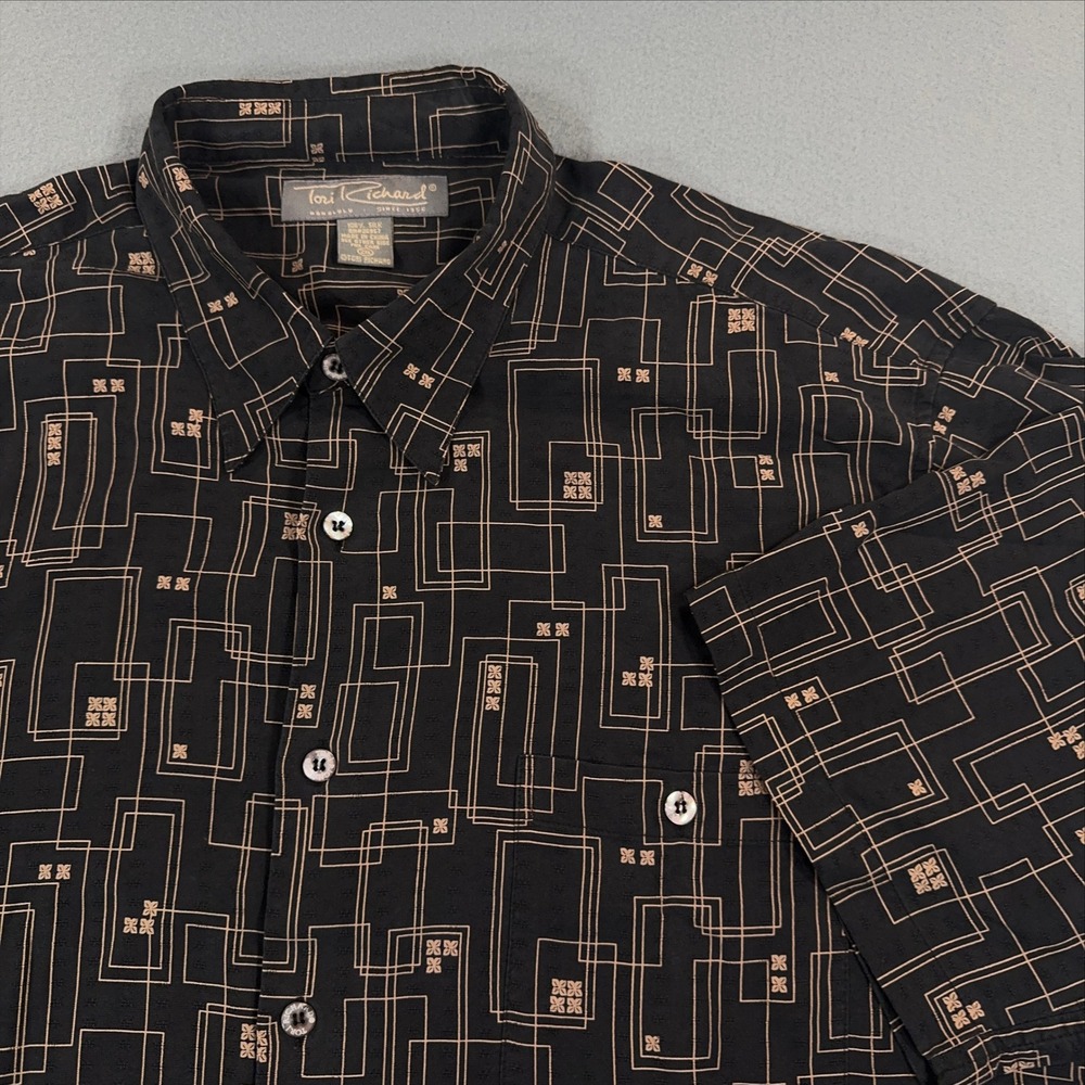 Tori Richard Mens 2XL Black Silk Geometric Print Short Sleeve Button Down Shirt